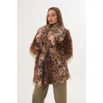 Navy Midi Boy Uzun Tüylü Kemerli Leopar Şal Yaka Kaban - L - XL - Kahverengi