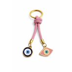 Nazar Boncuğu Anahtarlık – El Yapımı İpli, Metal Oval Nazar Detaylı, Çanta & Araba Anahtarı Aksesuarı, Hediye Seçeneği (pembe)