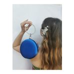 NAZART Kadın Saten Saks Mavisi Yuvarlak Abiye Clutch Portföy Çantası