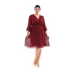 NAZBUTIQ 3086 Bordo Abiye Kruvaze Yaka Kol Uçları Lastikli Midi Boy Abiye Elbise