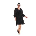 NAZBUTIQ 3086 Siyah Abiye Kruvaze Yaka Kol Uçları Lastikli Midi Boy Abiye Elbise