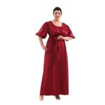 NAZBUTIQ 3094 Saten Yuvarlak Yaka Balon Kol Esnek Kiloş Uzun Bordo Kadın Abiye Elbise