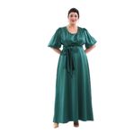 NAZBUTIQ 3094 Saten Yuvarlak Yaka Balon Kol Esnek Kiloş Uzun Yeşil Kadın Abiye Elbise
