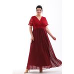 NAZBUTIQ ABİYE DANTEL ŞİFON KRUVAZE YAKA KISA KOL KİLOŞ BÜYÜK BEDEN UZUN ABİYE ELBİSE 3102 BORDO 46