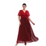 NAZBUTIQ ABİYE DANTEL ŞİFON KRUVAZE YAKA KISA KOL KİLOŞ BÜYÜK BEDEN UZUN ABİYE ELBİSE 3102 BORDO 52