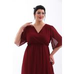 NAZBUTIQ ABİYE ŞİFON VOLON KISA KOL KRUVAZE YAKA KİLOŞ MİDİ BOY BÜYÜK BEDEN ABİYE ELBİSE 3096 BORDO 54
