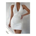 NC Night Fashion Boyundan askılı drape detaylı kısa şık gece elbise beyaz