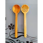 Ncy Home El Yapımı Ahşap Kiraz Ağacı Tahta Kaşık Kevgir Seti Zeytin Desenli 2'li 30 cm