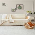 NDC Home Buldan Dokuması Keten Ponponlu Koltuk Örtüsü (170 x 220) - 170 x 220 cm - Krem