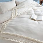 NDC Home Ham Keten Baklava Desen Çift Ponponlu Tek Kişilik Nevresim Takımı - 160 x 220 cm - Krem