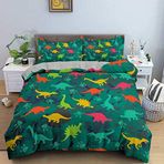NDXRWDZR Çift Kişilik Nevresim Takımı, Yeşil Dinozor Nevresim Takımı, Fermuarlı Kapama, Aldults Çocuklar için Yumuşak Hipoalerjenik Mikrofiber Yorgan Kılıfı 200x200 cm + 2 Yastık Kılıfı 50x75 cm