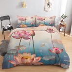 NDXRWDZR King Size Nevresim Takımı Açık Mavi Lotus Nevresim Fermuarlı Nevresim Takımı Aldults Çocuklar için Yumuşak Hipoalerjenik Mikrofiber Yorgan Kılıfı 230x220 cm + 2 Yastık Kılıfı 50x75 cm