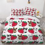 NDXRWDZR King Size Nevresim Takımı Çilek Bulldog Nevresim Takımı Fermuarlı Nevresim Takımı Aldults Çocuklar için Yumuşak Hipoalerjenik Mikrofiber Yorgan Kılıfı 230x220 cm + 2 Yastık Kılıfı 50x75 cm