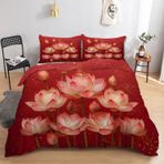 NDXRWDZR King Size Nevresim Takımı, Kırmızı Lotus Nevresim Takımı, Fermuarlı Kapamalı Yatak Seti, Aldults Çocuklar için Yumuşak Hipoalerjenik Mikrofiber Yorgan Kılıfı 230x220 cm + 2 Yastık Kılıfı
