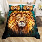 NDXRWDZR King Size Nevresim Takımı Yeşil Aslan Nevresim Fermuarlı Nevresim Takımı Aldults Çocuklar için Yumuşak Hipoalerjenik Mikrofiber Yorgan Kılıfı 230x220 cm + 2 Yastık Kılıfı 50x75 cm