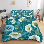 NDXRWDZR King Size Nevresim Takımı Yeşil Morning Glory Nevresim Fermuarlı Nevresim Takımı Aldults Çocuklar için Yumuşak Hipoalerjenik Mikrofiber Yorgan Kılıfı 230x220 cm + 2 Yastık Kılıfı 50x75 cm