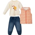 Necix's ÇİÇEKLİ KAPİTONE KAPÜŞONLU YELEK DENIM PANTOLON ÜÇLÜ ALT ÜST TAKIM - NEC243272-Oranj-4 - 5 Yaş Oranj