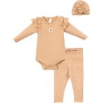 Necix's Omuz Fırfır Çiçekli Çıtçıt Body Pantolon Bere Takım - Camel - 6 - 9 Ay