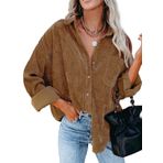 Necooer Kadın kadife gömlek, Boyfriend uzun kollu, düğmeli bluz, üst, Kahverengi, XL