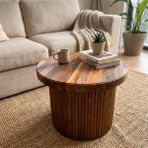 NeFizzDoğa Masif Ceviz Ahşap Orta Sehpa Yuvarlak Fluted Tasarımlı El Yapımı Salon Sehpası 50X35 cm
