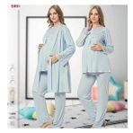 NEHİR 2026 MAVİ Hamile Lohusa 3 Lü Pijama Sabahlık TK