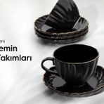 Nehir Porselen Yaldızlı Çay Fincanı Seti Takımı 6 Kişilik Siya