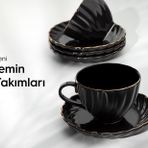 Nehir porselen yaldızlı çay fincanı seti takımı 6 kişilik siyah