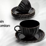 Nehir yasemin porselen yaldızlı çay fincanı seti takımı 6 kişilik siyah