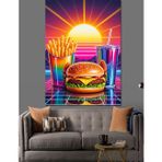 Neon Işıklı Hamburger Menüsü Dekoratif Kanvas - Mdf Ahşap Tablo