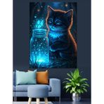 Neon Işıklı Kedi Çizimi Dekoratif Kanvas - Mdf Ahşap Tablo