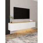 Neon LED Işıklı Duvara Monte, 3 Kapaklı TV Sehpası – 160 cm - Modern Tasarım, Beyaz/Safir Meşe