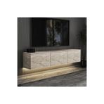 Neon LED Işıklı Duvara Monte, 3 Kapaklı TV Sehpası – 160 cm - Modern Tasarım, Traverten Desen