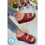 Neon Shoes Darma Kadın Günlük Terlik Çift Bant Taşlı Tokalı Ortopedik Taban Anne Dışarı & Ev İçi Terliği - Kırmızı