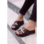Neon Shoes Darma Kadın Günlük Terlik Çift Bant Taşlı Tokalı Ortopedik Taban Anne Dışarı & Ev İçi Terliği - Siyah