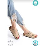 Neon Shoes Madrid Unisex Ortopedik Tabanlı Terlik Çift Bantlı Tokalı Günlük Rahat Ev & Dışarı Terliği - Bej