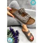 Neon Shoes Madrid Unisex Ortopedik Tabanlı Terlik Çift Bantlı Tokalı Günlük Rahat Ev & Dışarı Terliği - Gri