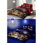 Neonlu Fosforlu Nevresim Takımı (Lastikli Çarşaflı) Çift Kişilik%100 Pamuk Saten Nights Houses