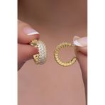 Nereze 925 Ayar Gümüş Gold 3 Sıra Beyaz Taşlı Yarım Tur Küpe