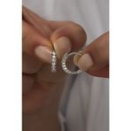 Nereze 925 Ayar Rodyumlu 15 mm Zirkon Taşlı Halka Kadın Gümüş Küpe