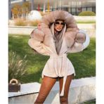 Nero Leather Fur Bej Alkantara Kumaş Kapüşon ve Manşetler Dispers Renk Tilki Kürkü - K2005 - 3XL - 02S-Bej