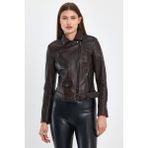 Nero Leather Fur Biker Kadın Deri Ceket - 3XL - 02S-Kahverengi - Slim Fit