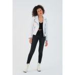 Nero Leather Fur Çift Fermuarlı Kapitone Detaylı Kadın Biker Beyaz Deri Ceket - 4XL - Slim Fit