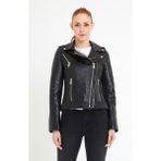 Nero Leather Fur Çift Fermuarlı Kapitone Detaylı Kadın Biker Siyah Deri Ceket - 01-Siyah - 3XL - Slim Fit