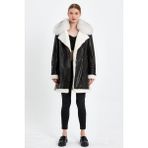 Nero Leather Fur Içi Beyaz Kürk Dışı Siyah Kuzu Derisi Yaka Tilki Kadın Kaban HN115IK - XL - 001-Siyah