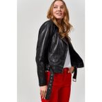 Nero Leather Fur Klasik Biker Kadın Deri Ceket - 4XL - 01-Siyah - Regular Fit