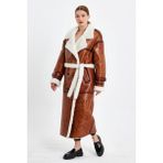 Nero Leather Fur Körli Tüy Kuzu Kürkü Kadın Manto (Regular Fıt)Mdl6 - XL - Taba