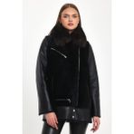 Nero Leather Fur Önler Dışa Tüy Siyah Kadın Kürk Kaban Yaka Tilki - HN1001 - 4XL - 001-Siyah