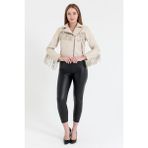 Nero Leather Fur Püsküllü Kadın Deri Ceket - 2XL - 02S-Bej - Regular Fit