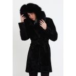 Nero Leather Fur Siyah Alkantara Kumaş Kadın Kaban Kapüşon Tilki Kürklü - Ovlkpş - 2XL - 01 Siyah