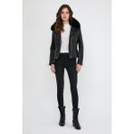 Nero Leather Fur Yaka Kürk Spor Kadın Deri Ceket - 2XL - 01-Siyah - Slim Fit